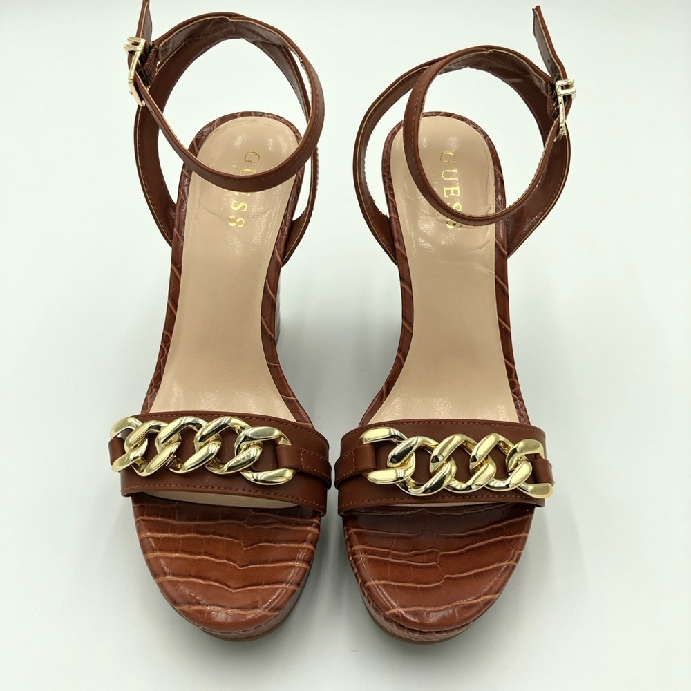 Guess Brown and Gold Chain Wedge Sandal Heels Size 10